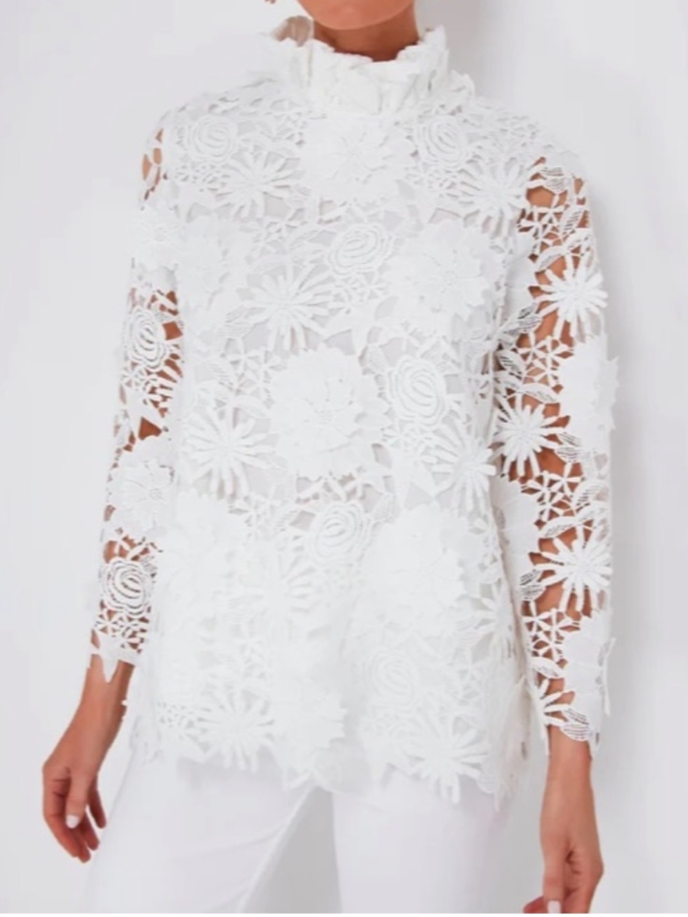 Tuckernuck White Floral Lace Eyelet High-Neck Bow Ribbon Tie Blouse